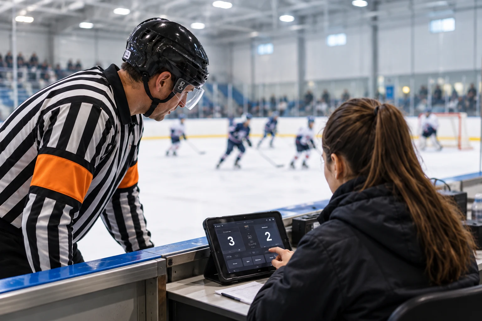 A hockey referee and scorekeeper checking a tablet beside the rink